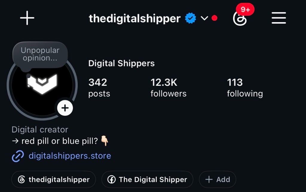 Instagram profile for @thedigitalshipper after The Creator Protocol with 12.3K followers and verified badge