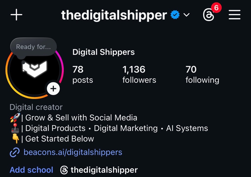 Instagram profile for @thedigitalshipper before The Creator Protocol with 1,136 followers
