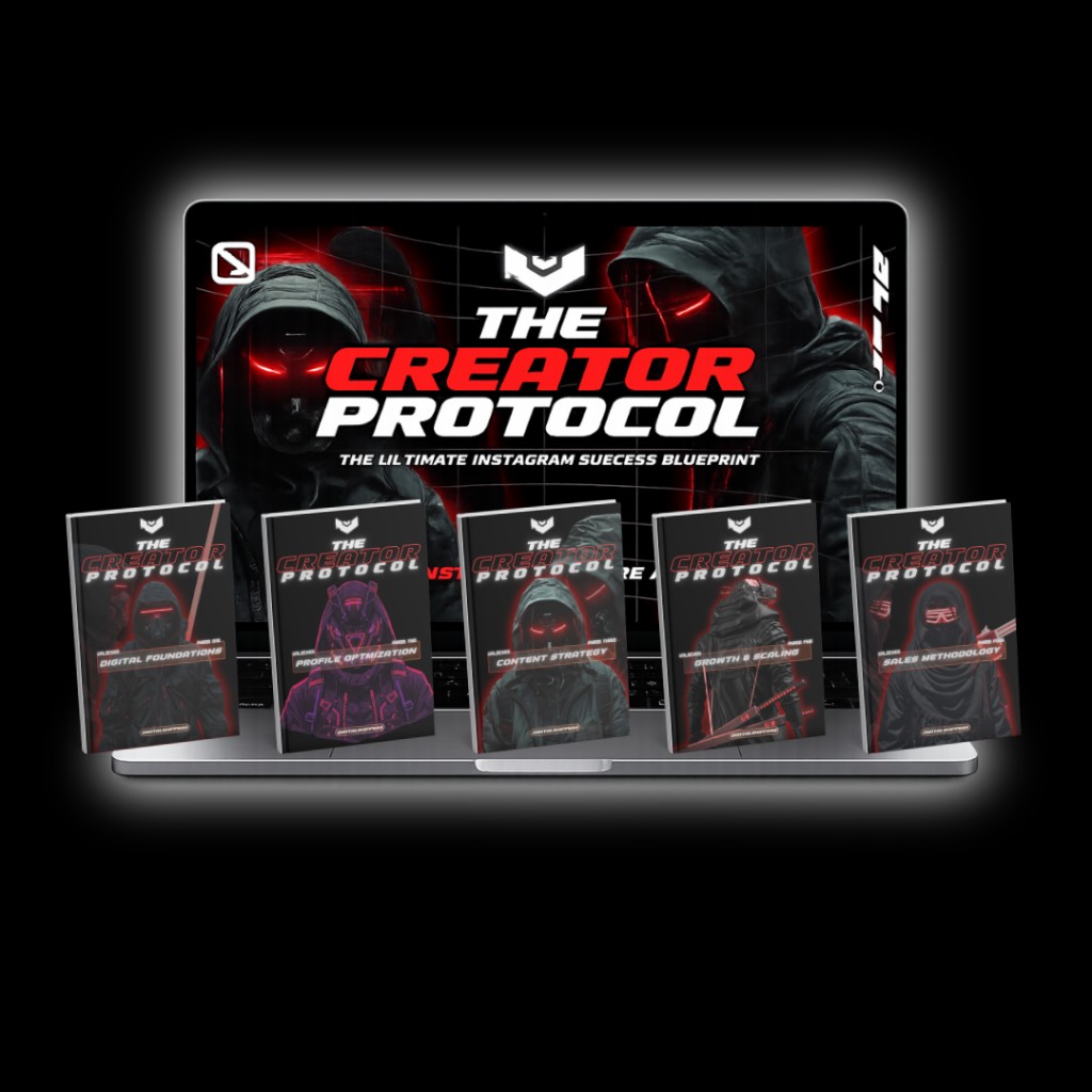 The Creator Protocol with laptop preview and five core modules including Digital Foundations and Content Strategy
