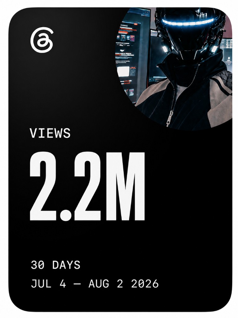 Threads profile showing 2.2 million views over 30 days from July 4 to August 2, 2026